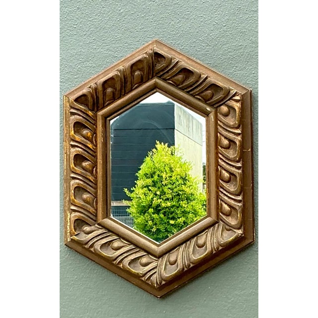 Vintage Italian Hexagonal Carved Wood Mirror For Sale In West Palm - Image 6 of 12