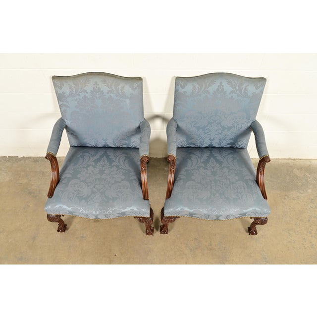 1990s Kittinger Chippendale Carved Mahogany Open Arm Library Chairs | Pair For Sale - Image 5 of 18