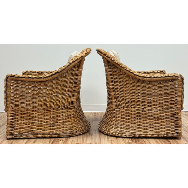 Vintage Braided Wicker Club Chair Pair With Ottoman For Sale In Kansas City - Image 6 of 16