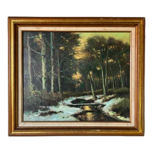 Vintage Woodland Winter Landscape Oil Painting, Framed