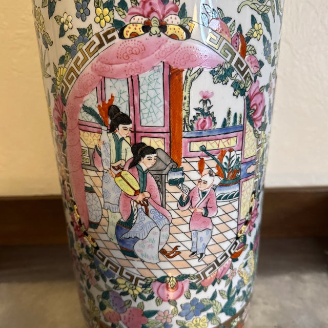 Pink Vintage Pink and Gold Multicolor Chinoiserie Porcelain Umbrella Stand For Sale - Image 8 of 12