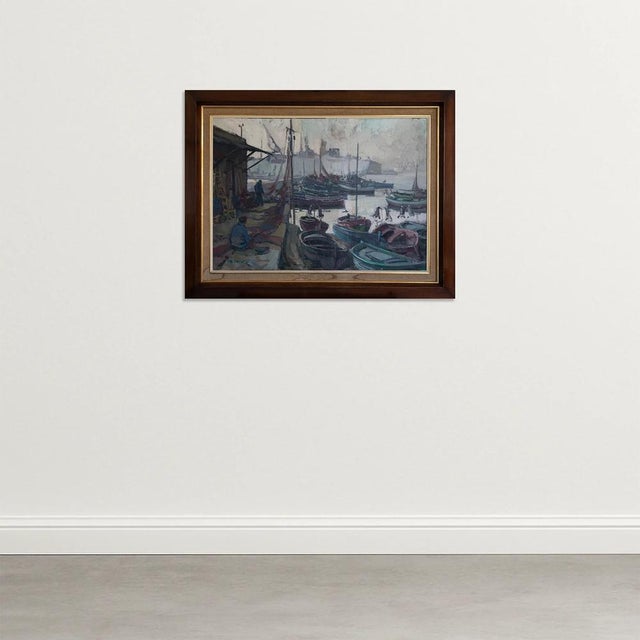 Pascual Bueno Ferrer, Port of Barcelona, 1950s, Oil on Canvas, in Good conditions. Designed 1950 to 1959