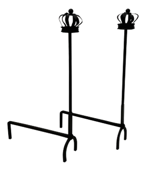 Antique Black Cast Iron Crown Motif Andirons - a Pair