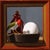 This artwork features a charming still life composition centered around a vibrant bird perched on a dark tray, accompanied...