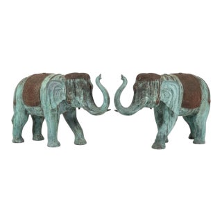 A Pair of Vintage Verdigris Bronze Patinated Elephant Garden Statuary For Sale