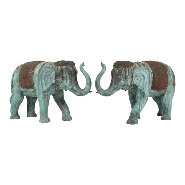 A Pair of Vintage Verdigris Bronze Patinated Elephant Garden Statuary For Sale
