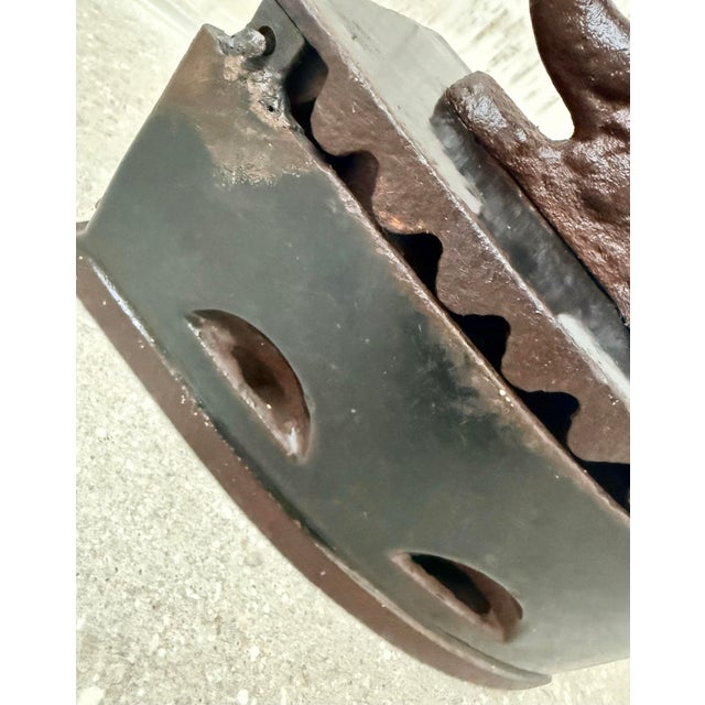 Black Antique Cast Iron, Enamel Coated Charcoal Box Iron Featuring a Wooden Handle & a Distinctive Brass Rooster-Shaped Latch For Sale - Image 8 of 12