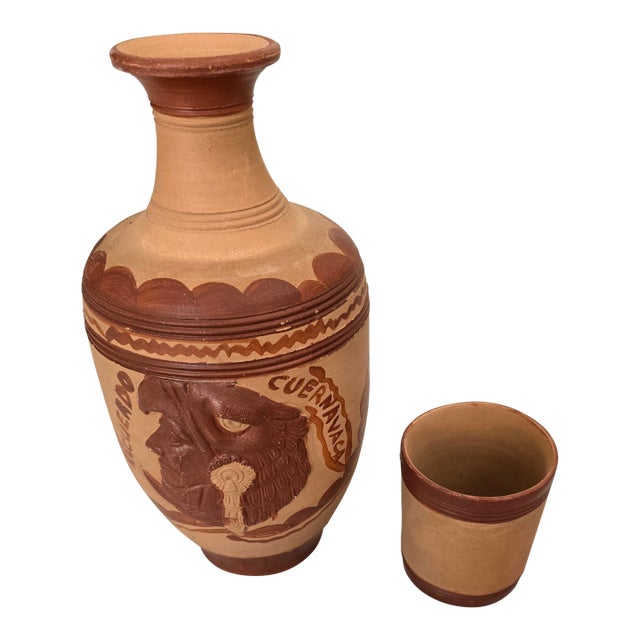 Vintage Folk Art Cuernavaca Mexican Folk Art Terracotta Botellón & Cup Set - 2 Pieces For Sale