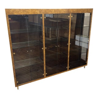 1970s Mid Century Burl Wood Finish Glass Bookcase For Sale