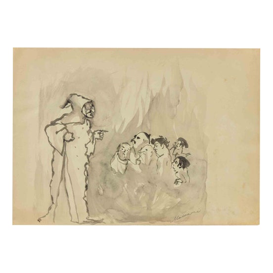 Mino Maccari, Dante in Hell, 1950s, Watercolor For Sale