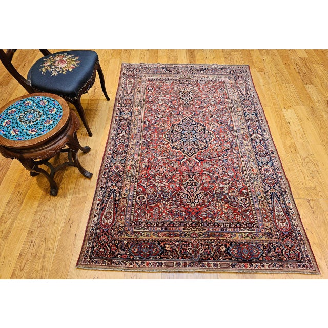 Textile Early 20th Century Kashan Rug, Hand-Knotted Wool & Cotton, Floral Design, Red & Navy, 5x7 For Sale - Image 7 of 16