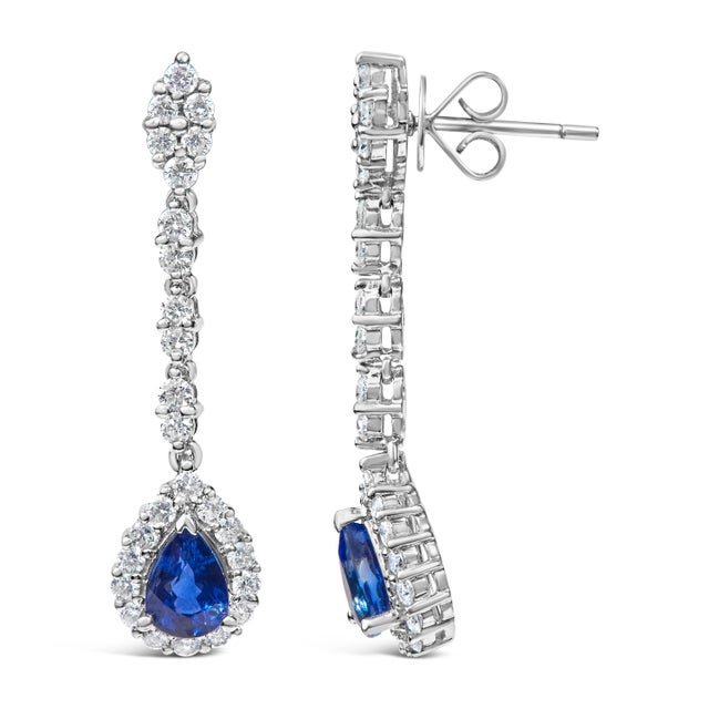 18K White Gold 1 3/5 Cttw Diamond and 7X5 MM Pear Shaped Blue Sapphire 1 1/3 Inch Drop and Dangle Halo Earrings, A Pair (G-H Color, VS1-VS2 Clarity) For Sale - Image 4 of 5
