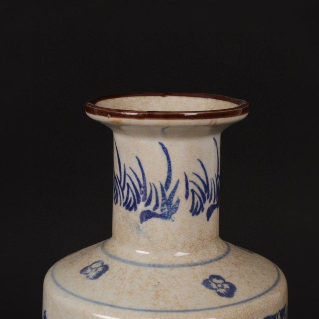 Vintage Blue & White Rouleau Vase With Crackle Glaze For Sale - Image 4 of 9