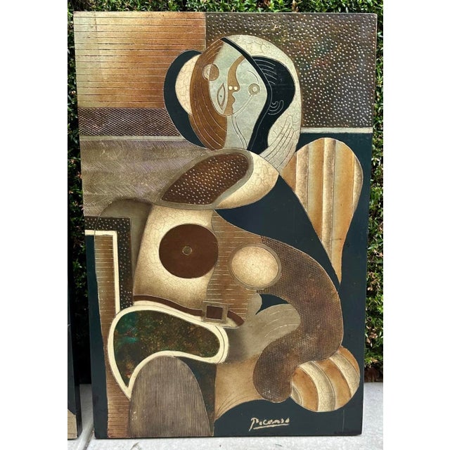 Pair Mid-Century Picasso-Style Carved & Gilded Wood Panels Attributed to Enrico Baj For Sale - Image 10 of 18