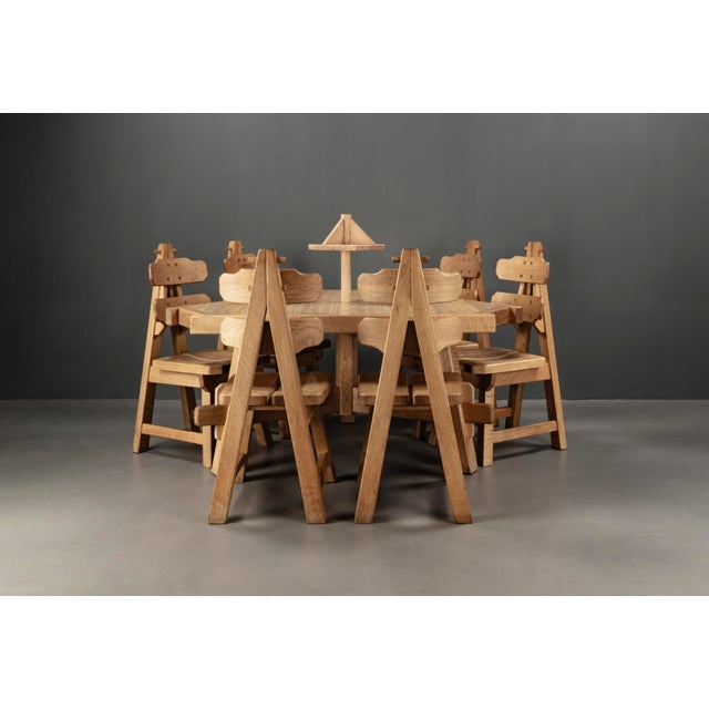 Brutalist Triangular Oak Dining Table and Chairs, Netherlands, 1960s, Set of 8 For Sale - Image 9 of 18