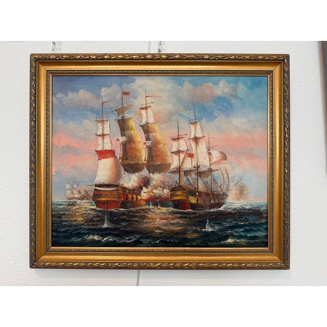 Paint Vintage Oil Painting Naval Battle Ships Seascape Maritime Nautical Art Framed For Sale - Image 7 of 12