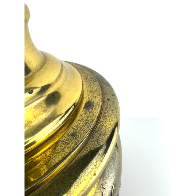 Mid 20th Century Hollywood Regency Chinoiserie Brass Table Lamp With Embossed Landscape Motif on Wood Base For Sale - Image 12 of 13