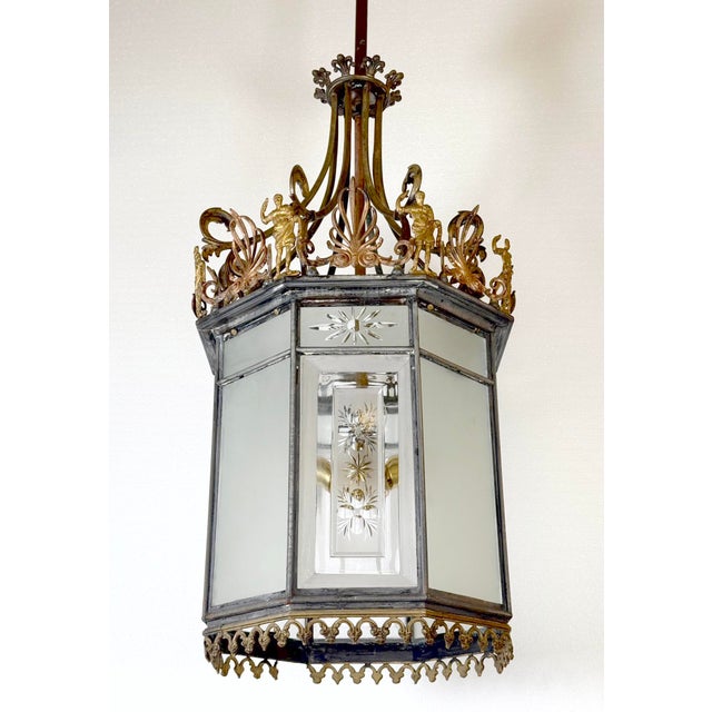 1890s Neoclassical hall ceiling lantern with two etched glass panels and three lights. It features bronze detailed framing...