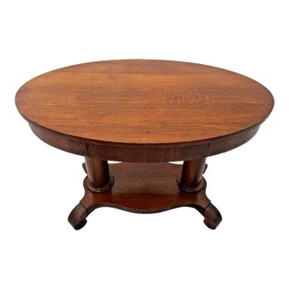 1900s Oval Desk Writing Table Tiger Oak Drawer Bottom Shelf American Empire For Sale