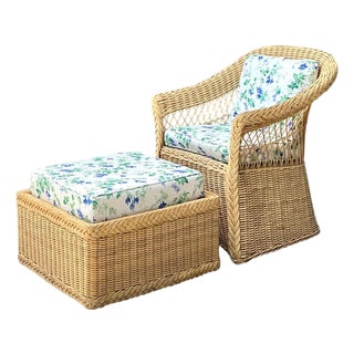 Vintage Woven Rattan Chair and Ottoman in Schumacher “Garden Gate” For Sale