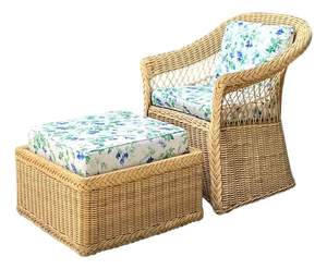 Vintage Woven Rattan Chair and Ottoman in Schumacher “Garden Gate”