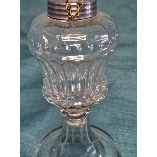 Matched Pair Antique 1830s-1850s Flint Glass Whale Oil Lamps Pewter Burner For Sale - Image 12 of 14