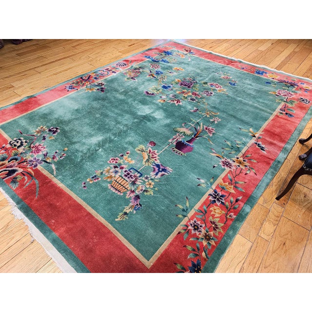 Chinese Vintage Chinese Art Deco Hand-Knotted Wool Rug, Floral Design, 1920s, 9' x 12' For Sale - Image 3 of 15