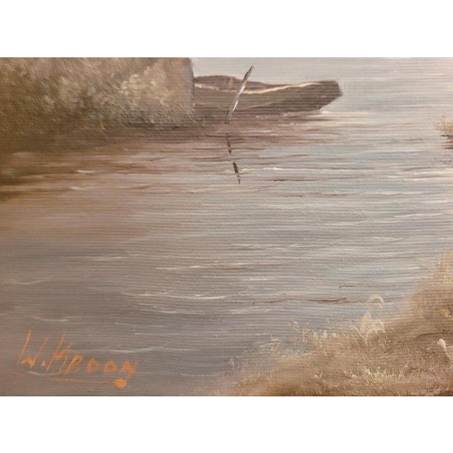 1930s W. Kroon, Dutch River Landscape with Boats & Countryside, 1930s, Oil Painting, Framed For Sale - Image 5 of 9