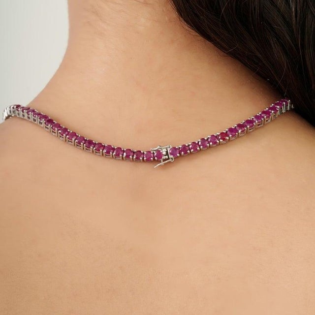 41.7ct Natural Ruby Tennis Necklace in 925 Silver Wedding Jewelry for Her For Sale - Image 4 of 12