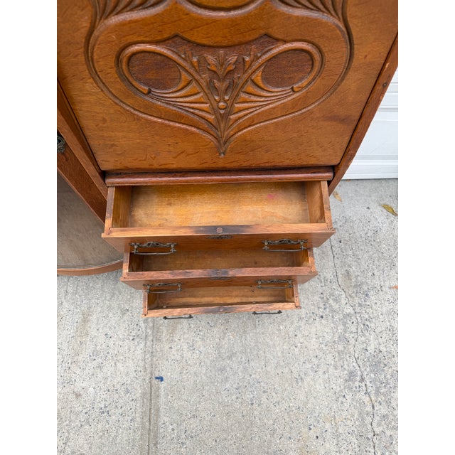 Antique Victorian Art Nouveau Oak Combination Secretary Desk and Curved Glass Bookcase With Ornate Carved Details For Sale In New York - Image 6 of 12