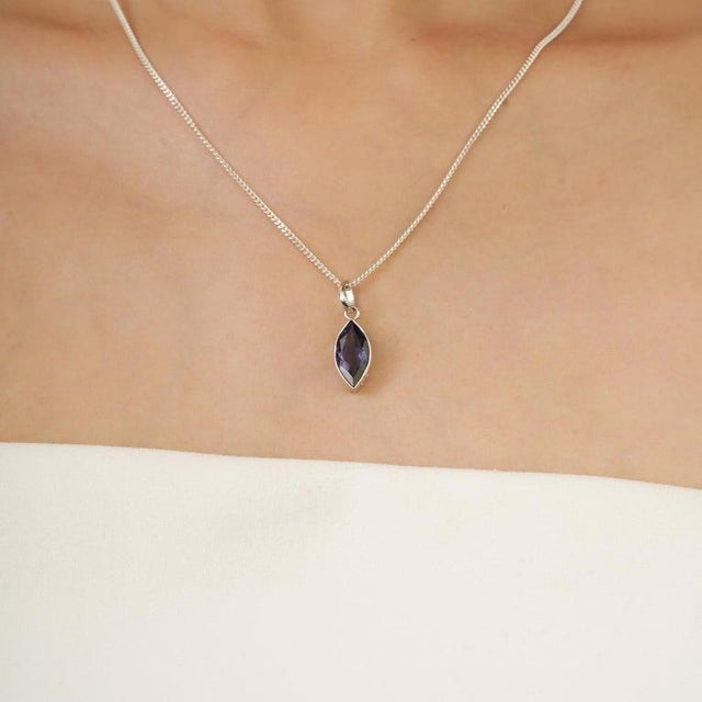 Silver Contemporary Marquise Cut Dainty Iolite Drop Pendant for Her For Sale - Image 4 of 10
