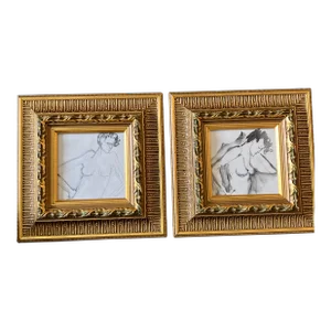 1970’s 2 Original Abstract Female Nude Watercolor/Charcoal Painting Chunky Gold Frame -A Pair