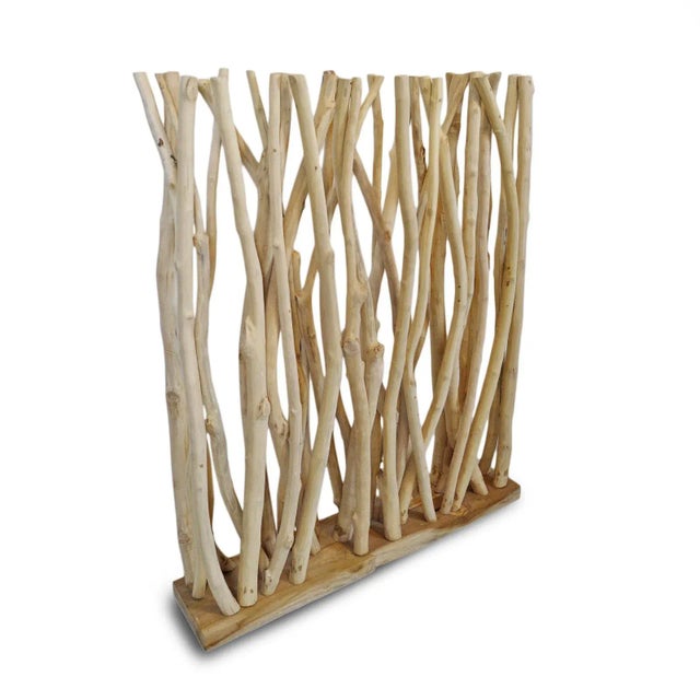 Vintage free standing raw bleached stick wood screen or room divider piece. Intertwined 47" high free form narrow design...