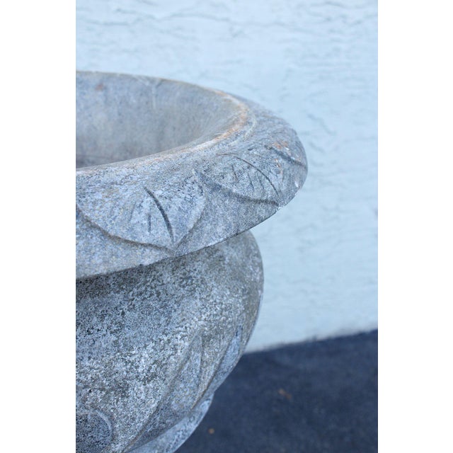 Vintage Pair Of Carved Granite Three Piece Garden Urns On Pedestals For Sale - Image 9 of 18