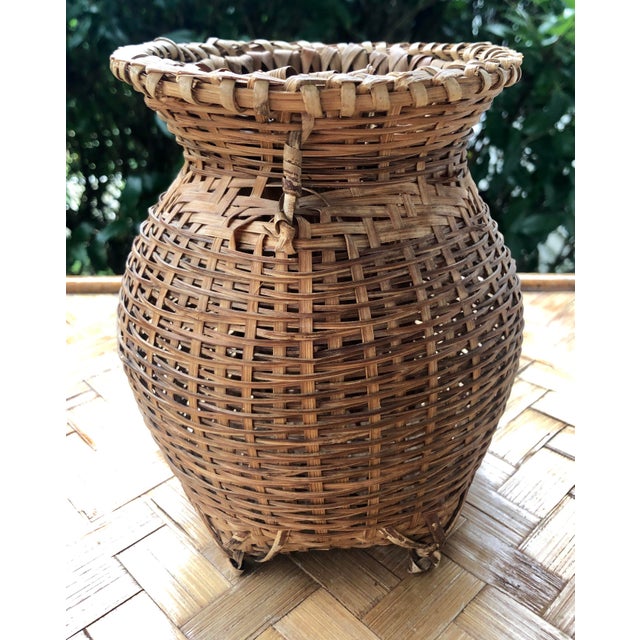 Antique Asian Natural Woven Wicker Rattan Footed Basket Urn Chairish