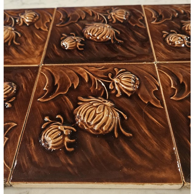 Art Deco 6 Stunning Embossed Chrysanthemum Tiles For Sale - Image 3 of 12