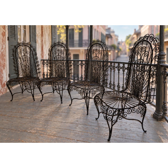 Black Mid 20th Century John Salterini High-Back Hearts Peacock Wrought Iron Chairs, Attributed For Sale - Image 8 of 10