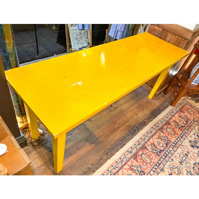 Vintage Large School or Lab Table , or Desk, With Painted Bright Yellow With Blue and Orange Drawers For Sale - Image 11 of 12