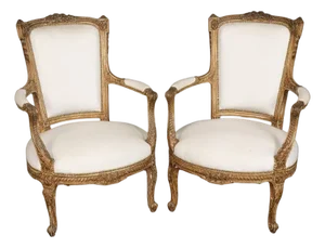 Heavily Carved Pair of French Signed Maison Jansen Distressed Painted Armchairs