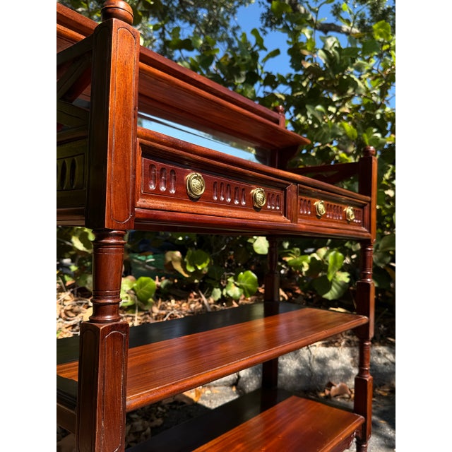 Wood Vintage Mahogany Cheveret Bar Cart With Mirror & Glass Display | Traditional Hall Console For Sale - Image 7 of 7