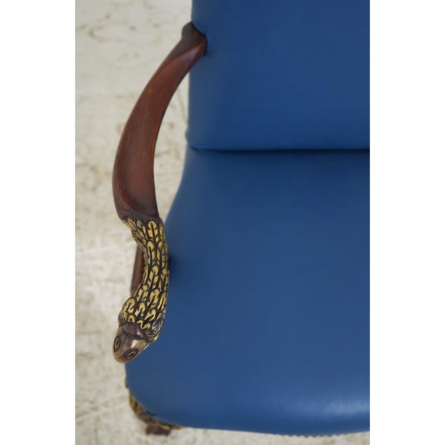 Animal Skin Eagle Carved Arm Blue Leather Armchair For Sale - Image 7 of 18