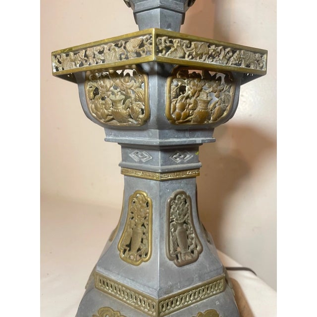 Large Antique Chinese Handmade Pewter Brass Pagoda Tower Electric Table Lamp For Sale - Image 4 of 13