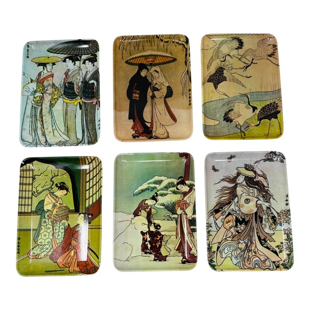 Vintage Japanese Themed Decorative Melamine Trays Made in Italy a Set of 6 For Sale