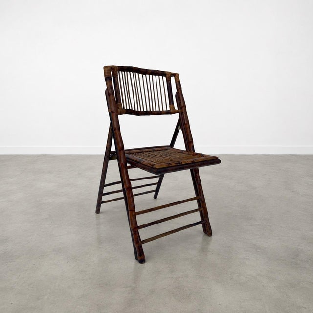 1980s Rustic Tortoiseshell Bamboo Folding Chairs With Side Tables - Set of 8 For Sale - Image 11 of 12
