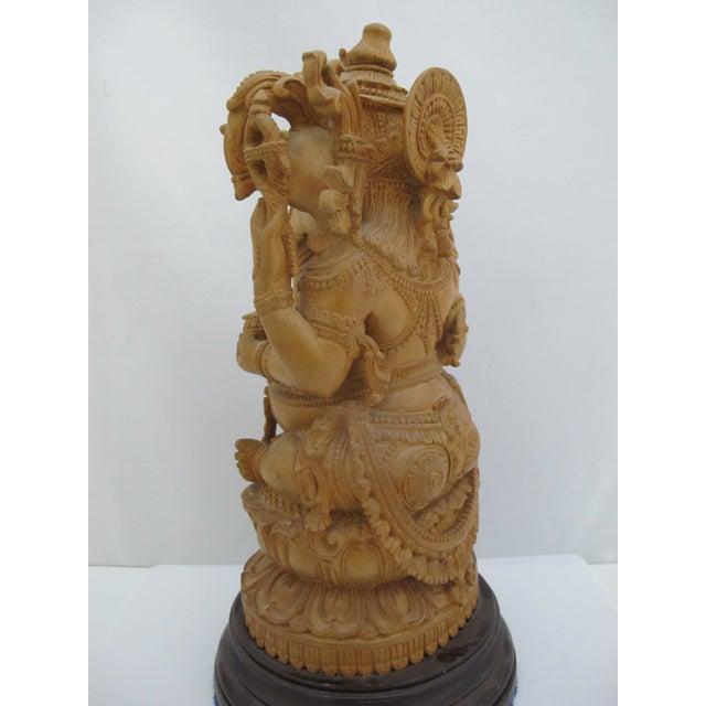 Sand Seated Lord Ganesha Holding Fruit Carved Wood Hindu Deity God Statue on Pedestal For Sale - Image 8 of 13