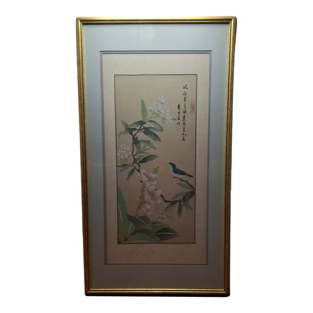 1885 Meiji-Era Japanese Kacho-E Silk Hanging Scroll: Bird & Gardenia Provenance For Sale