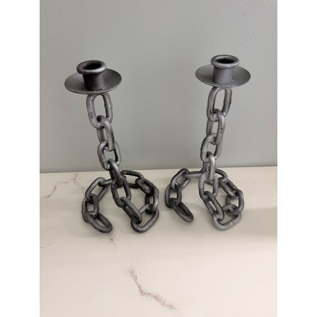 Mid 20th century Illusionistic Brutalist Chain Link Candlesticks - A Pair For Sale - Image 9 of 10
