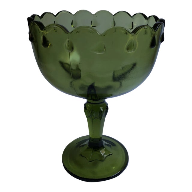 Mid Century Avocado Green Glass Compote For Sale