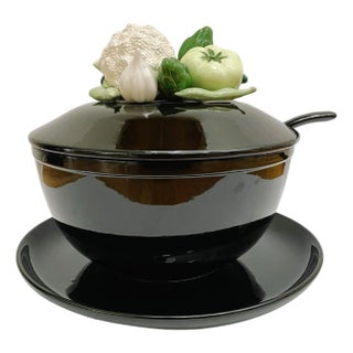 1980 Fitz & Floyd Black Soup Tureen With Lid, Underplate and Ladle - 4 PCS For Sale
