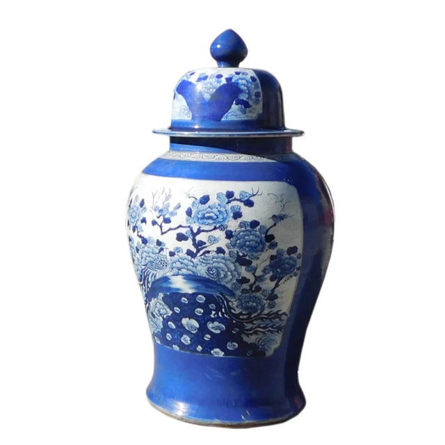 Chinoiserie Chinese Handmade Blue & White Porcelain Flower Bird Large Temple Jar For Sale - Image 3 of 6